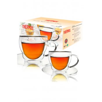   double-wall glass mug with dish, 300 