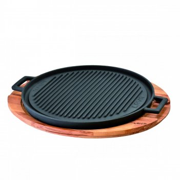Round griddle/grill plate. dual side, reversible.  integral metal handles 